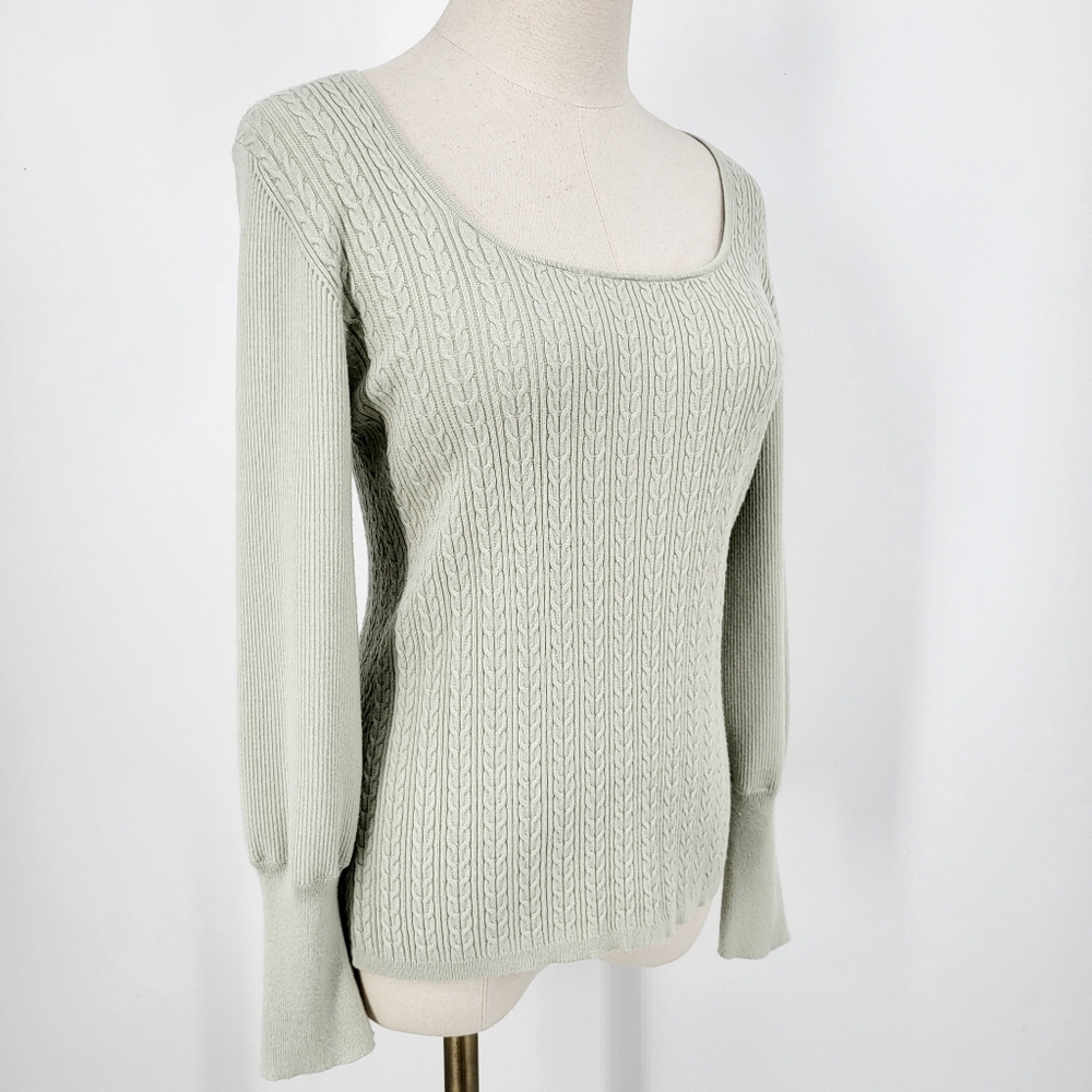 Elie Tahari Stretch Knit Sweater Puff Sleeve Scoop Neck Sage Green Medium